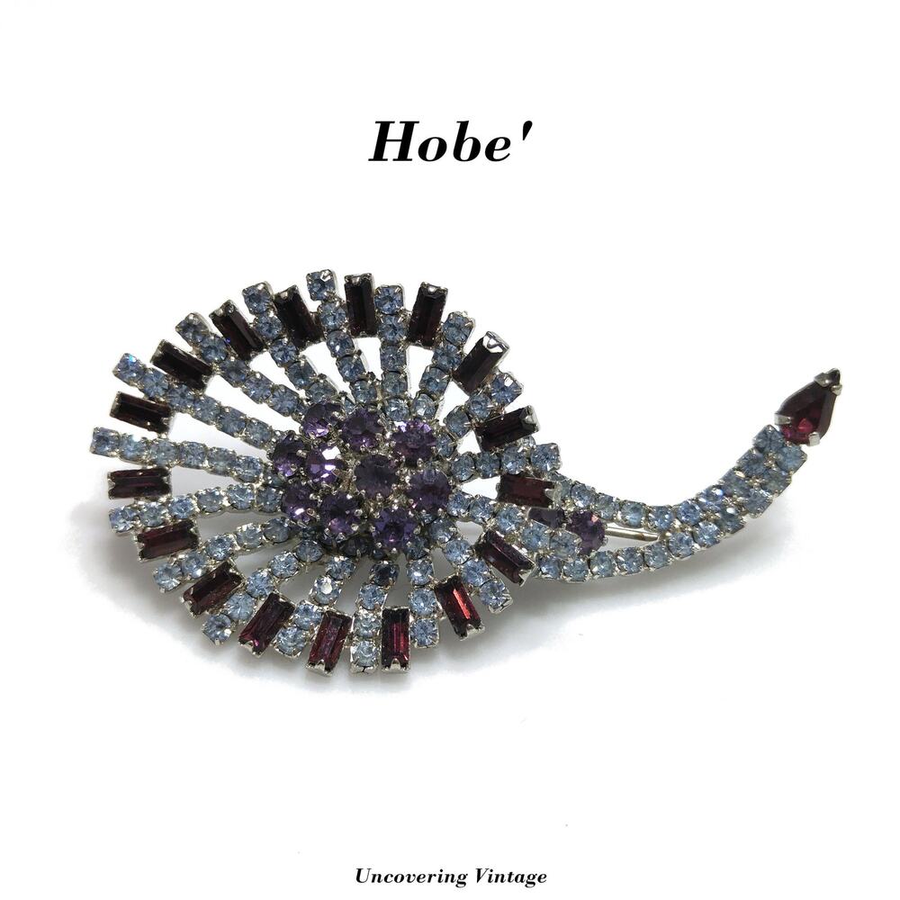 Vintage Hobe Rhinestone Brooch Purple Blue Rhodium Signed